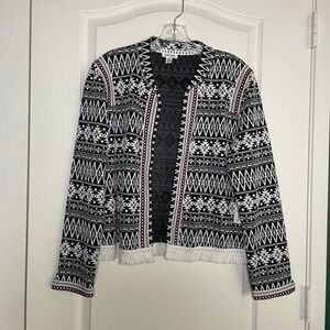 Tribal Jeans Knit Jacket Open Front‎ Fringe Trim Aztec Bohemian Medium